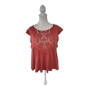 Lucky Brand Embroidered Boho Peasant Top XL Rust Orange Floral Cotton Modal